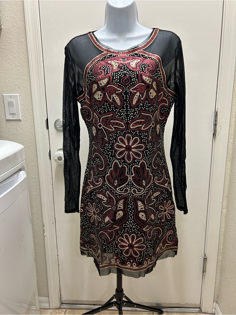 Chelsea & Violet Black Dress with Wine and Cream Floral Beading